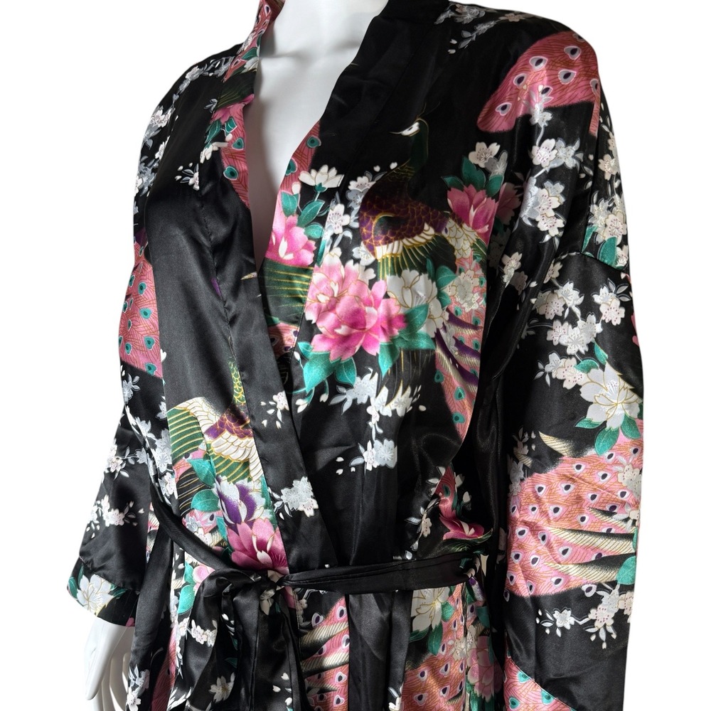 Satin Peacock Floral Kimono Robe Womens 4XL 5XL Black Maxi Pullover Beautiful